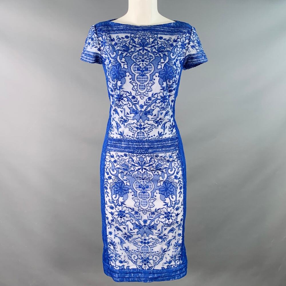TADASHI SHOJI Size 6 Blue White Rayon Blend Lace Short Sleeve Cocktail Dress